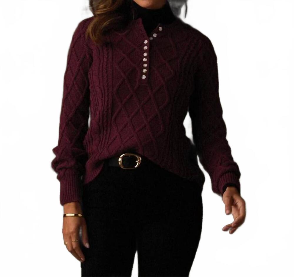 NEW THE NORMAL BRAND women's josefine cableknit henley sweater in port wine